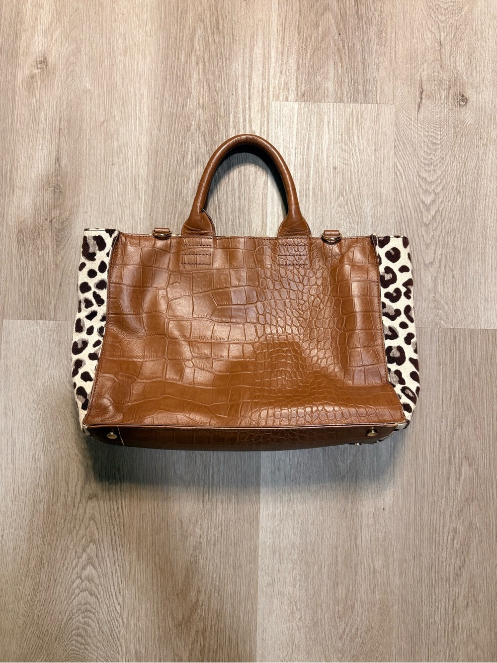 Chicos Large Brown Leather Handbag w/ Animal Print Purse Boho Chic Western